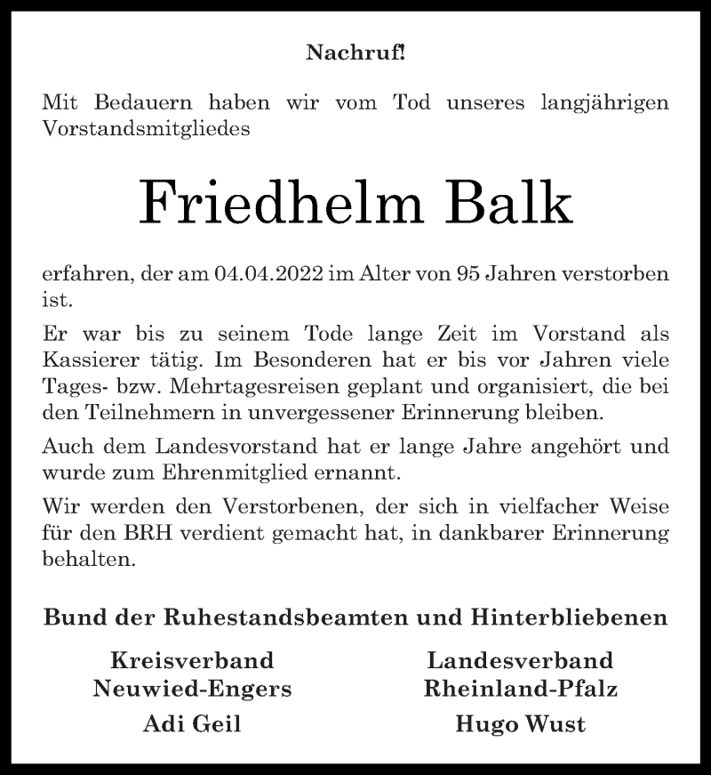  Traueranzeige für Friedhelm Balk vom 16.04.2022 aus Rhein-Zeitung