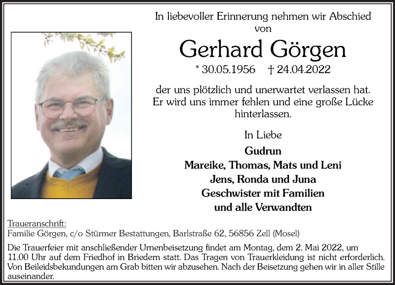  Traueranzeige für Gerhard Görgen vom 30.04.2022 aus Rhein-Zeitung