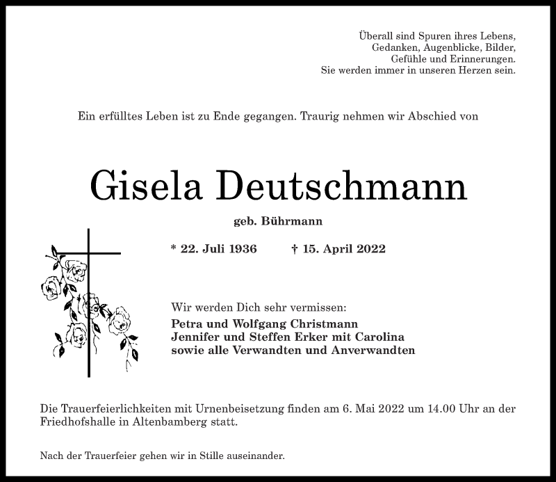  Traueranzeige für Gisela Deutschmann vom 30.04.2022 aus Oeffentlicher Anzeiger