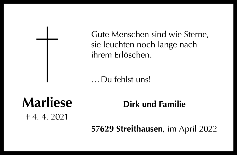  Traueranzeige für Marliese Astor vom 02.04.2022 aus Westerwälder Zeitung