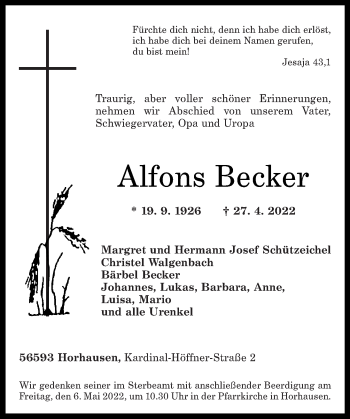 Traueranzeige von Alfons Becker von Rhein-Zeitung