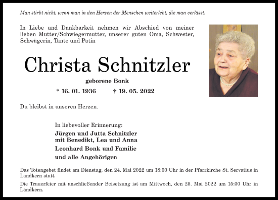Traueranzeige von Christa Schnitzler von Rhein-Zeitung