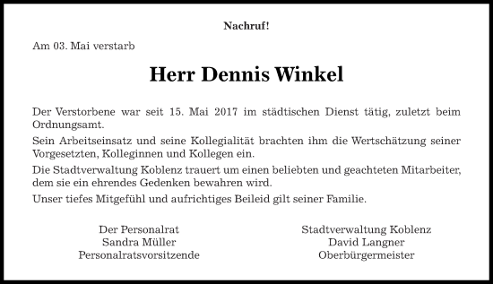 Traueranzeige von Dennis Winkel von Rhein-Zeitung