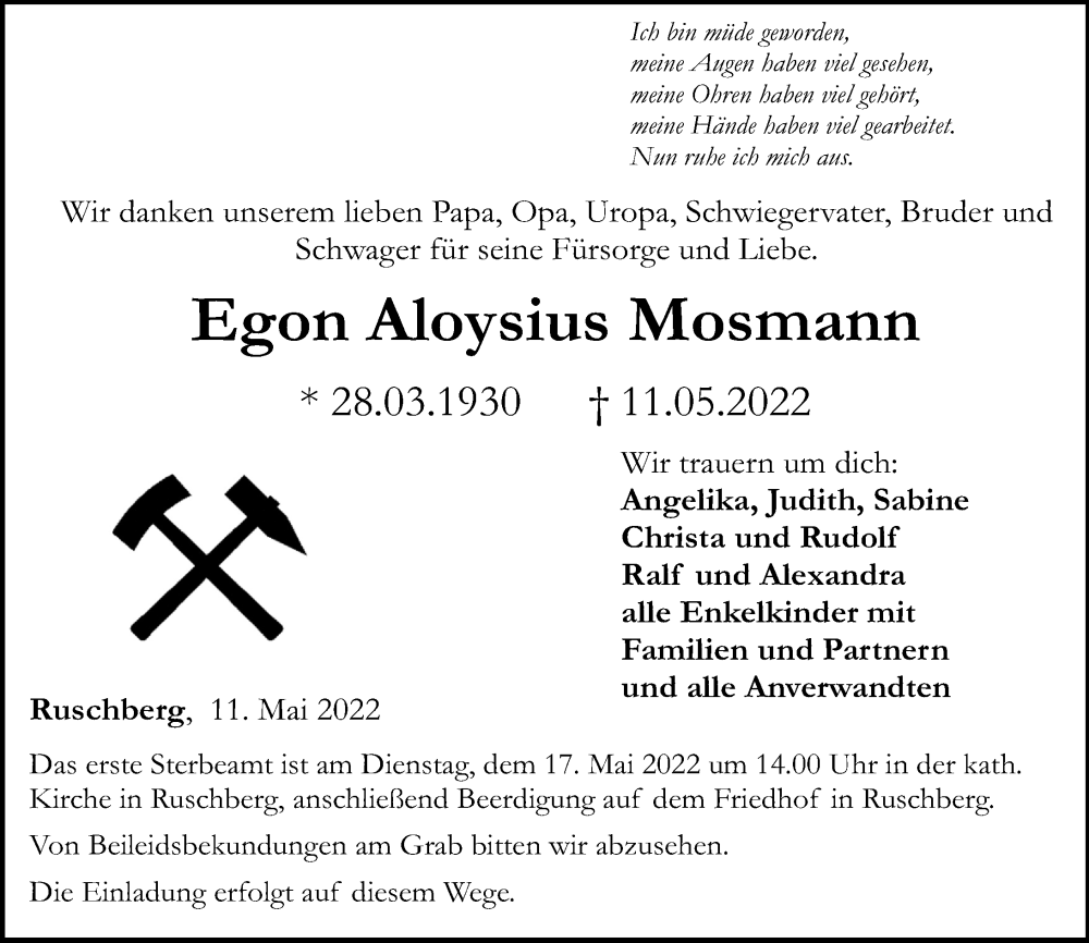  Traueranzeige für Egon Aloysius Mosmann vom 14.05.2022 aus Nahe-Zeitung