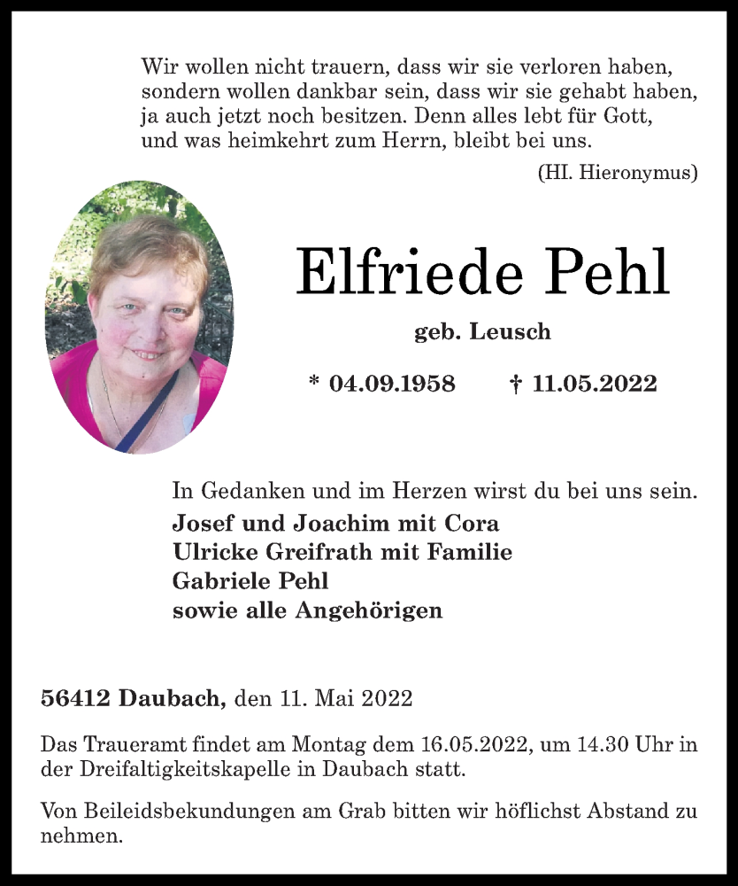  Traueranzeige für Elfriede Pehl vom 14.05.2022 aus Westerwälder Zeitung