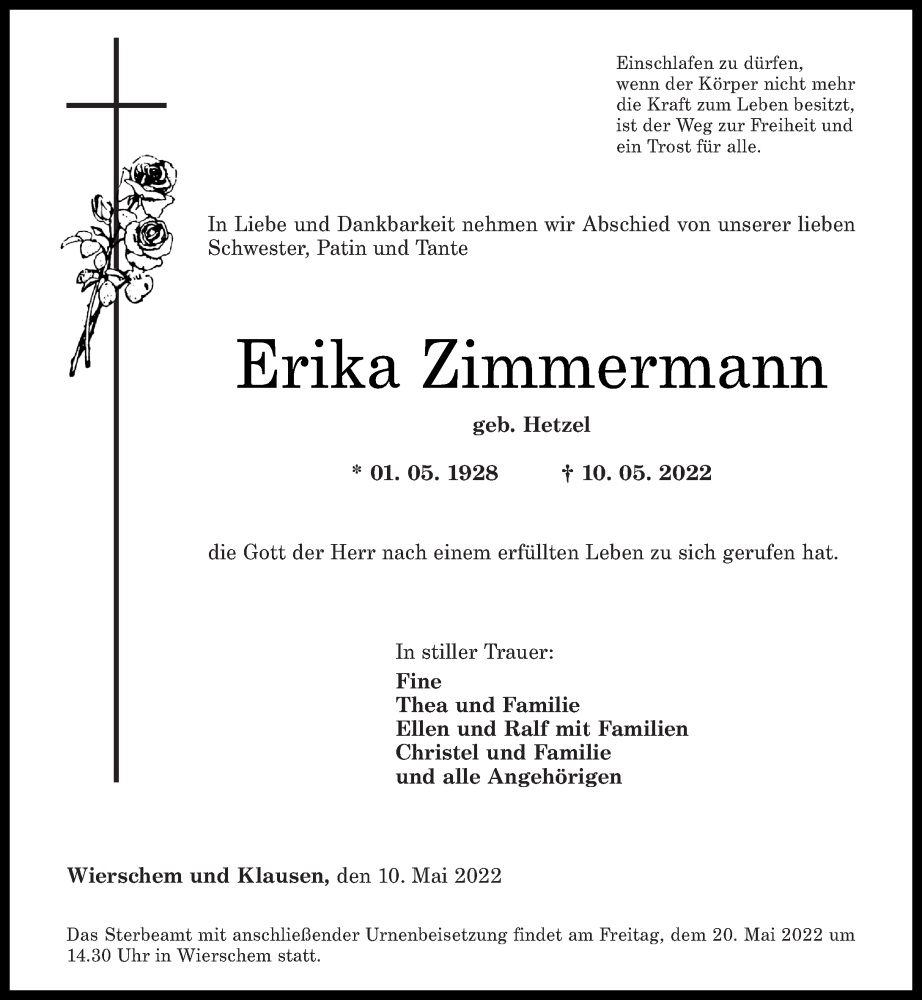  Traueranzeige für Erika Zimmermann vom 14.05.2022 aus Rhein-Zeitung