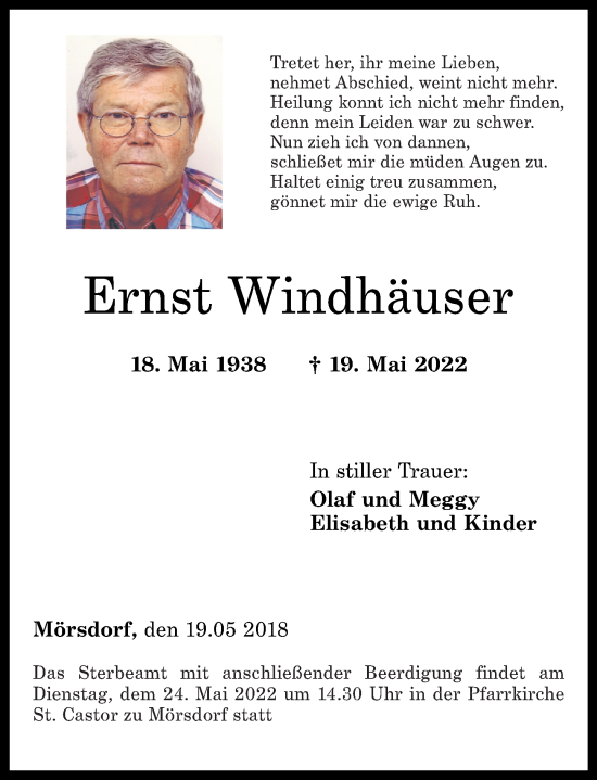 Traueranzeige von Ernst Windhäuser von Rhein-Hunsrück-Zeitung