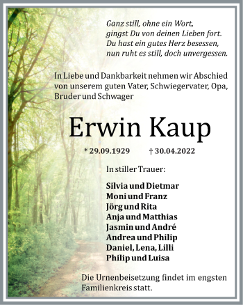 Traueranzeige von Erwin Kaup von Nahe-Zeitung