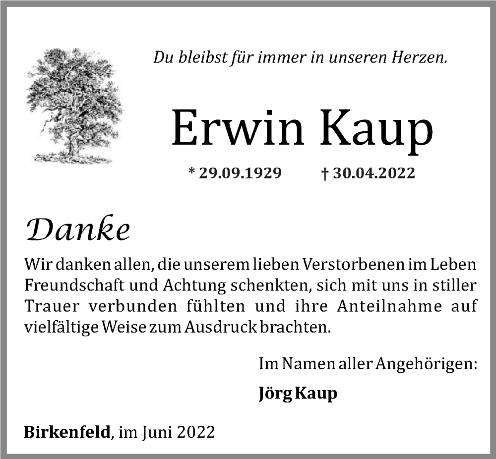  Traueranzeige für Erwin Kaup vom 01.06.2022 aus Nahe-Zeitung