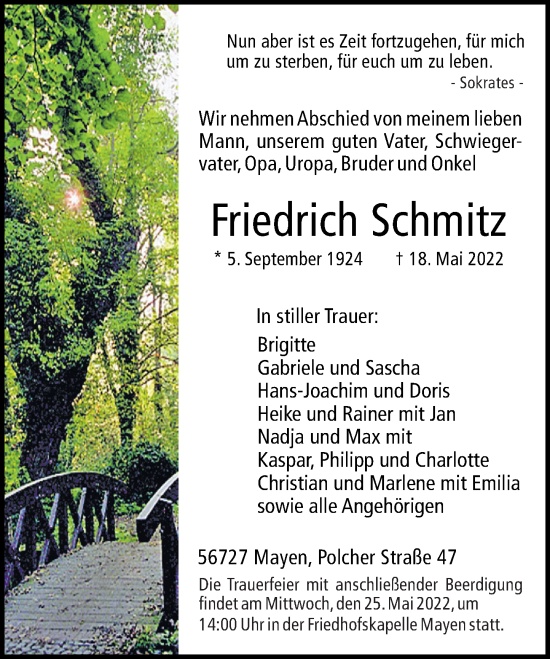 Traueranzeige von Friedrich Schmitz von Rhein-Zeitung