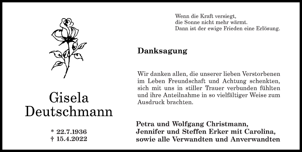  Traueranzeige für Gisela Deutschmann vom 14.05.2022 aus Oeffentlicher Anzeiger