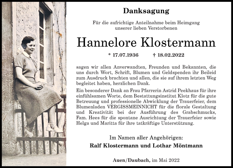 Traueranzeige für Hannelore Klostermann vom 03.05.2022 aus Oeffentlicher Anzeiger