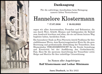 Traueranzeige von Hannelore Klostermann von Oeffentlicher Anzeiger