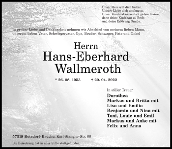 Traueranzeige von Hans-Eberhard Wallmeroth von Rhein-Zeitung