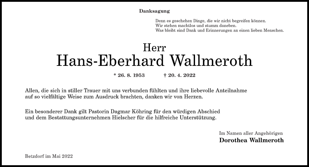  Traueranzeige für Hans-Eberhard Wallmeroth vom 28.05.2022 aus Rhein-Zeitung