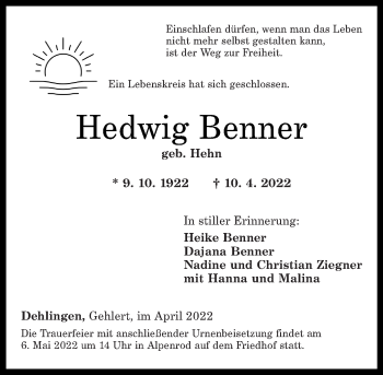 Traueranzeige von Hedwig Benner von Westerwälder Zeitung