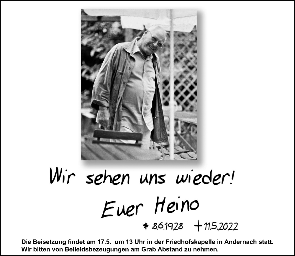  Traueranzeige für Heino  vom 14.05.2022 aus Rhein-Zeitung