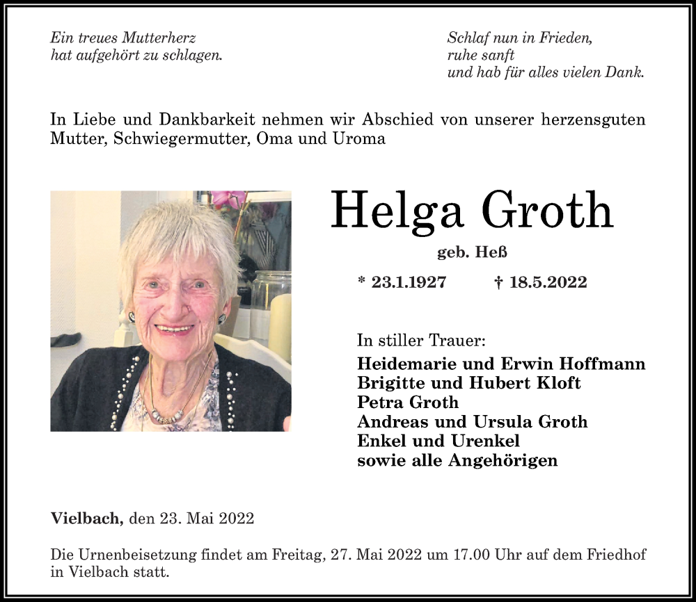 Traueranzeigen von Helga Groth | rz-trauer.de