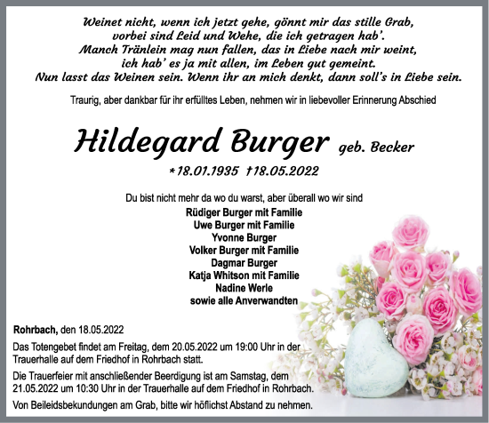 Traueranzeige von Hildegard Burger von Nahe-Zeitung