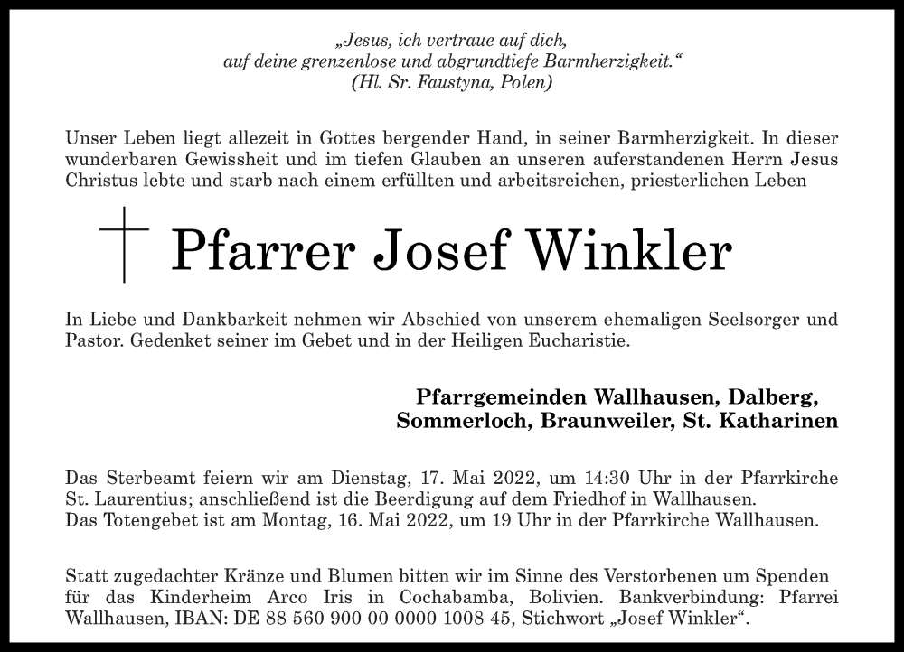 Traueranzeige für Josef Winkler vom 14.05.2022 aus Oeffentlicher Anzeiger