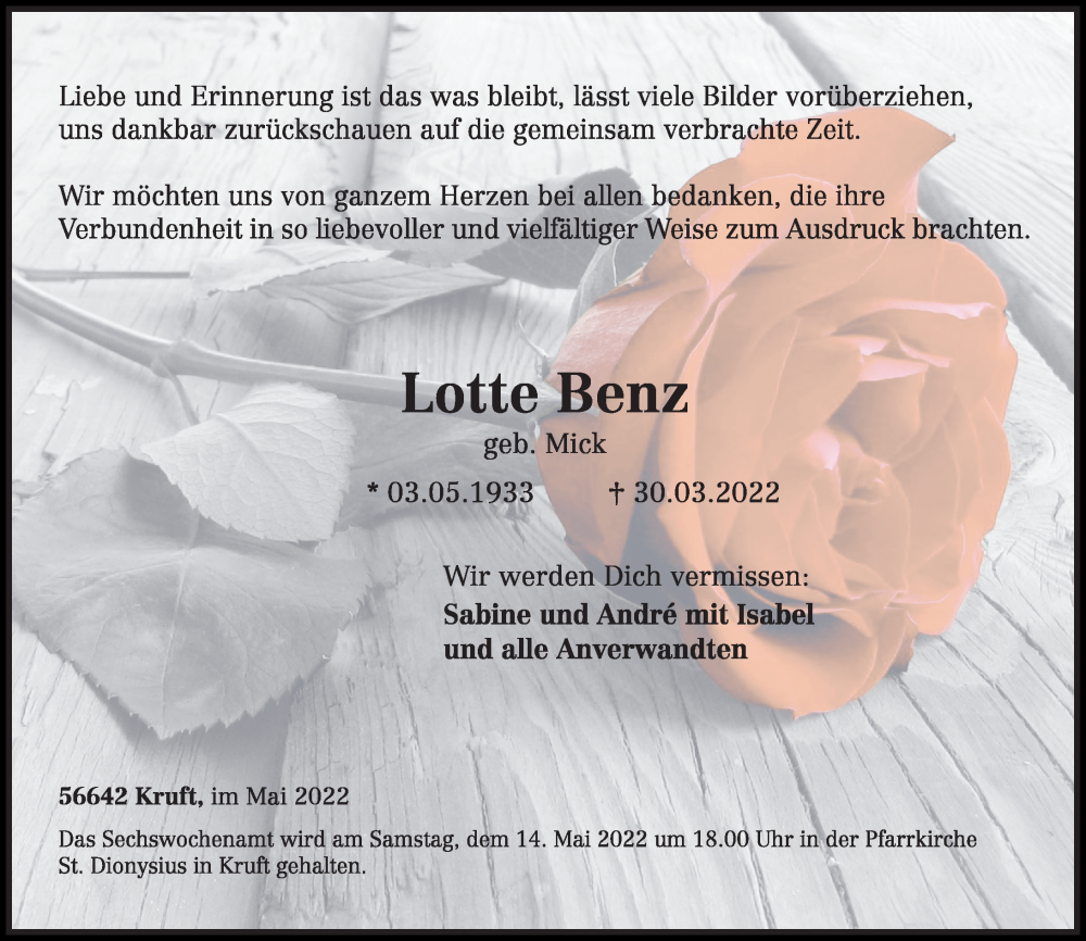 Traueranzeigen Von Lotte Benz | Rz-trauer.de