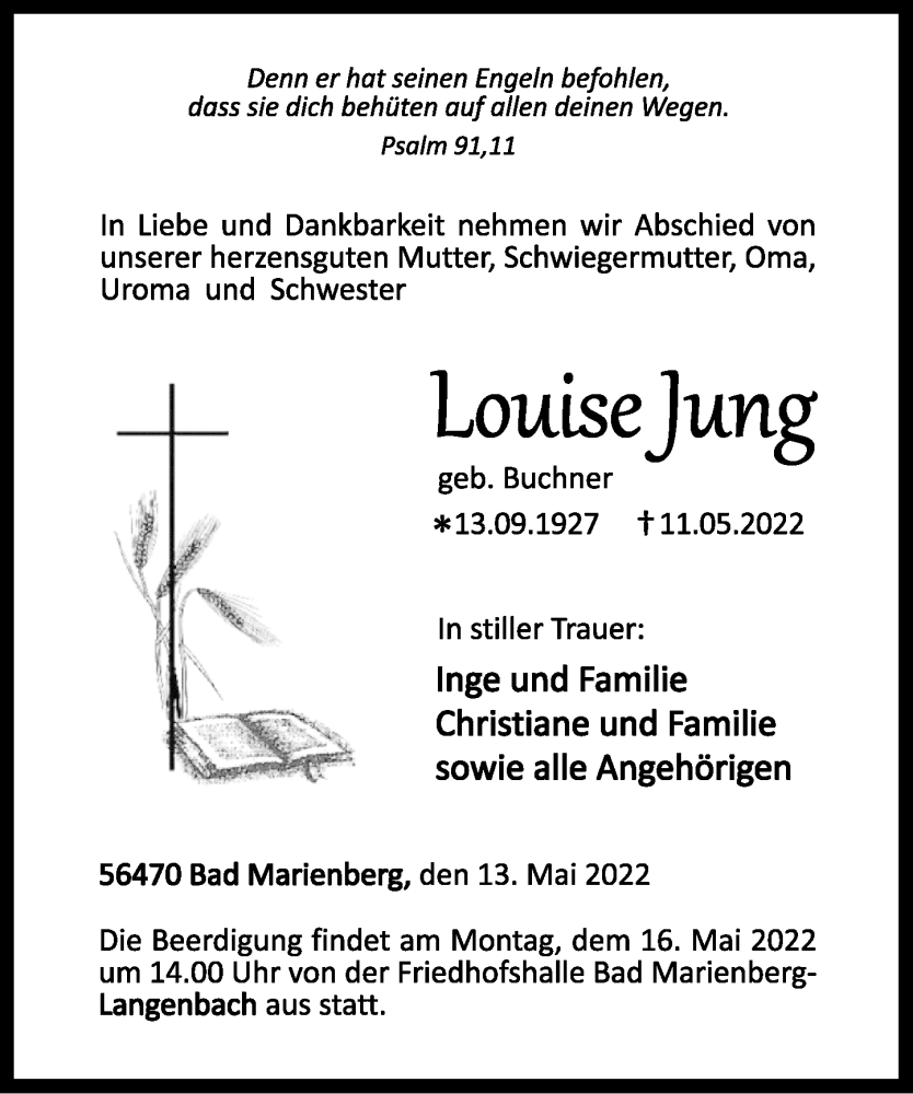  Traueranzeige für Louise Jung vom 13.05.2022 aus Westerwälder Zeitung