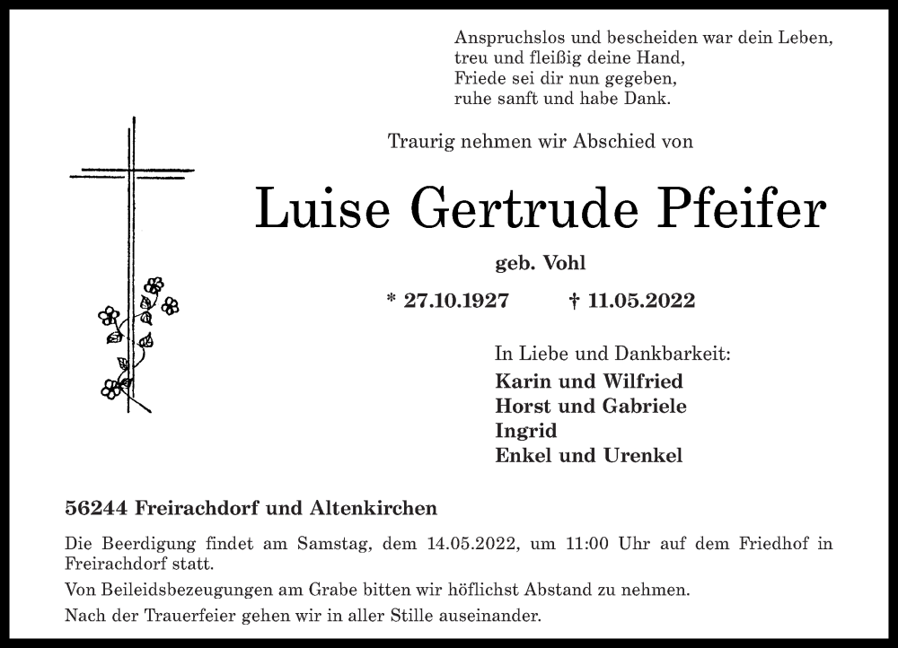 Traueranzeige für Luise Gertrude Pfeifer vom 13.05.2022 aus Westerwälder Zeitung, Rhein-Zeitung