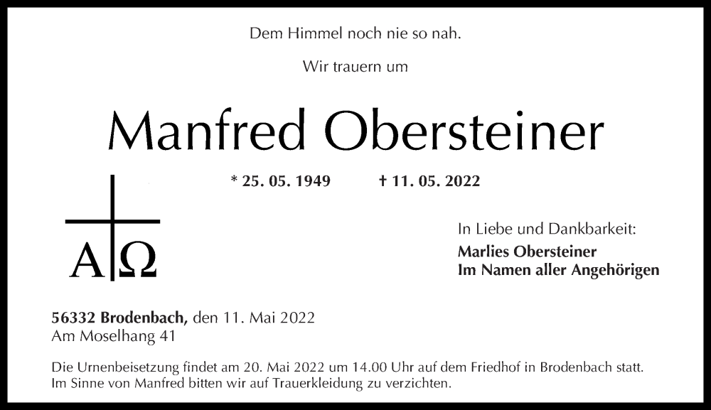  Traueranzeige für Manfred Obersteiner vom 14.05.2022 aus Rhein-Zeitung