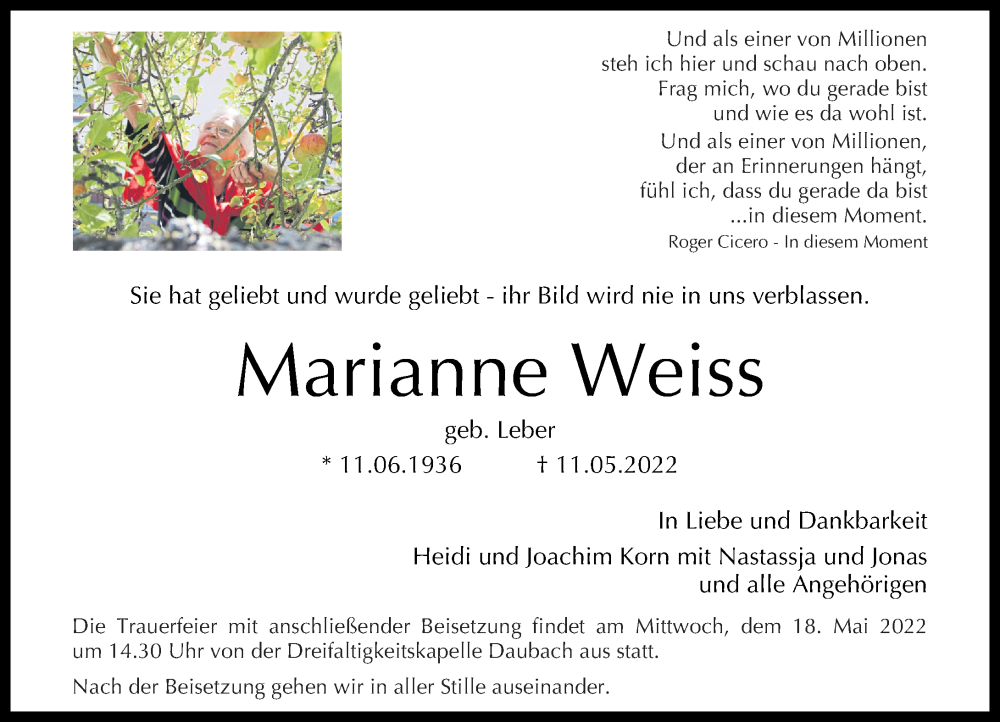 Traueranzeige für Marianne Weiss vom 14.05.2022 aus Westerwälder Zeitung