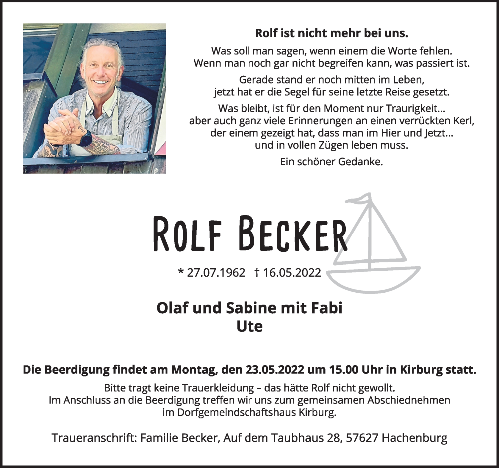  Traueranzeige für Rolf Becker vom 19.05.2022 aus Westerwälder Zeitung, Rhein-Zeitung