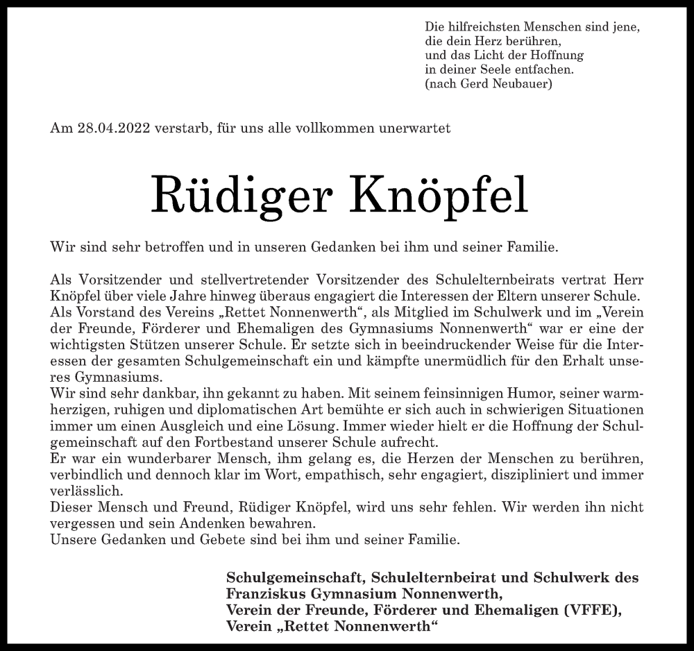  Traueranzeige für Rüdiger Knöpfel vom 10.05.2022 aus Rhein-Zeitung