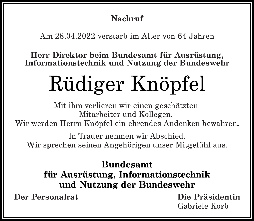  Traueranzeige für Rüdiger Knöpfel vom 14.05.2022 aus Rhein-Zeitung