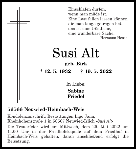 Traueranzeige von Susi Alt von Rhein-Zeitung