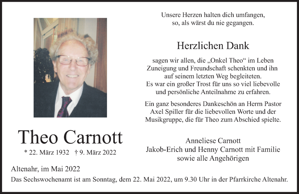  Traueranzeige für Theo Carnott vom 14.05.2022 aus Rhein-Zeitung