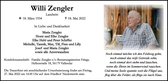 Traueranzeige von Willi Zengler von Rhein-Zeitung