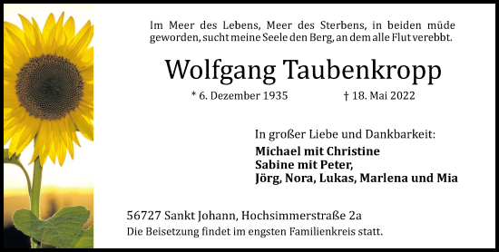 Traueranzeige von Wolfgang Taubenkropp von Rhein-Zeitung