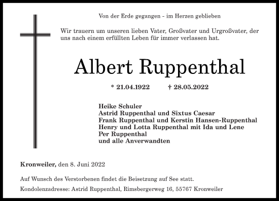 Traueranzeige von Albert Ruppenthal von Nahe-Zeitung