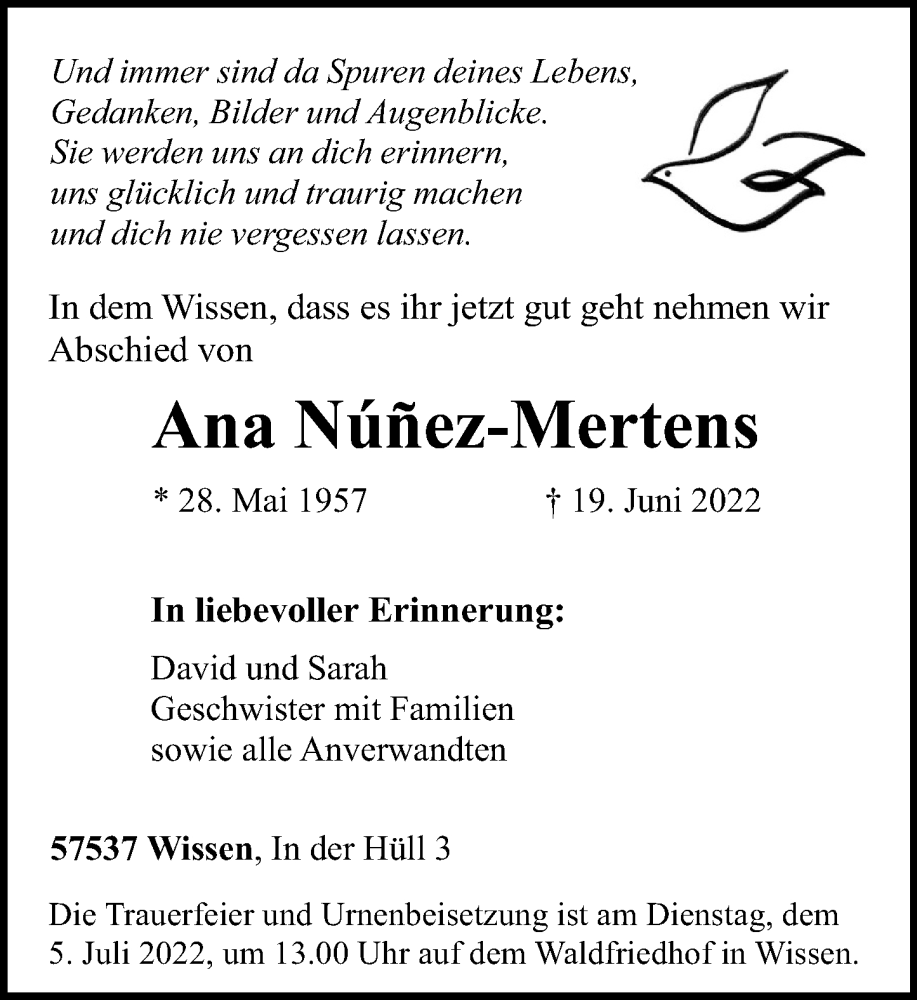  Traueranzeige für Ana Nunez-Mertens vom 25.06.2022 aus Rhein-Zeitung