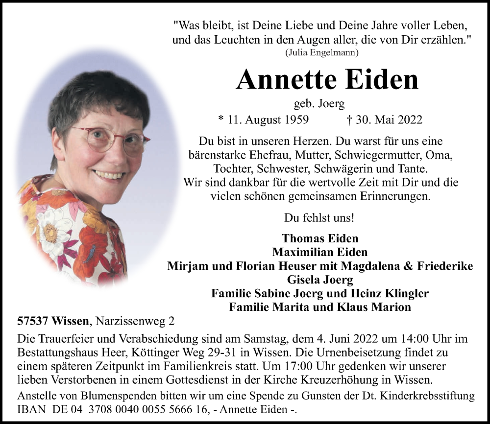 Traueranzeigen Von Annette Eiden Rz Trauerde