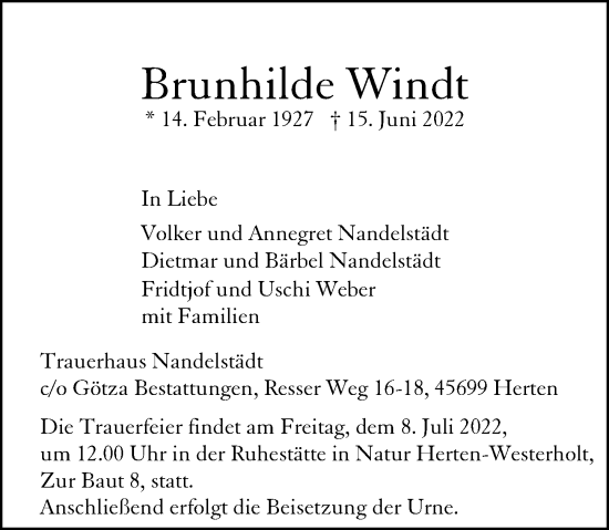 Traueranzeige von Brunhilde Windt von Rhein-Zeitung