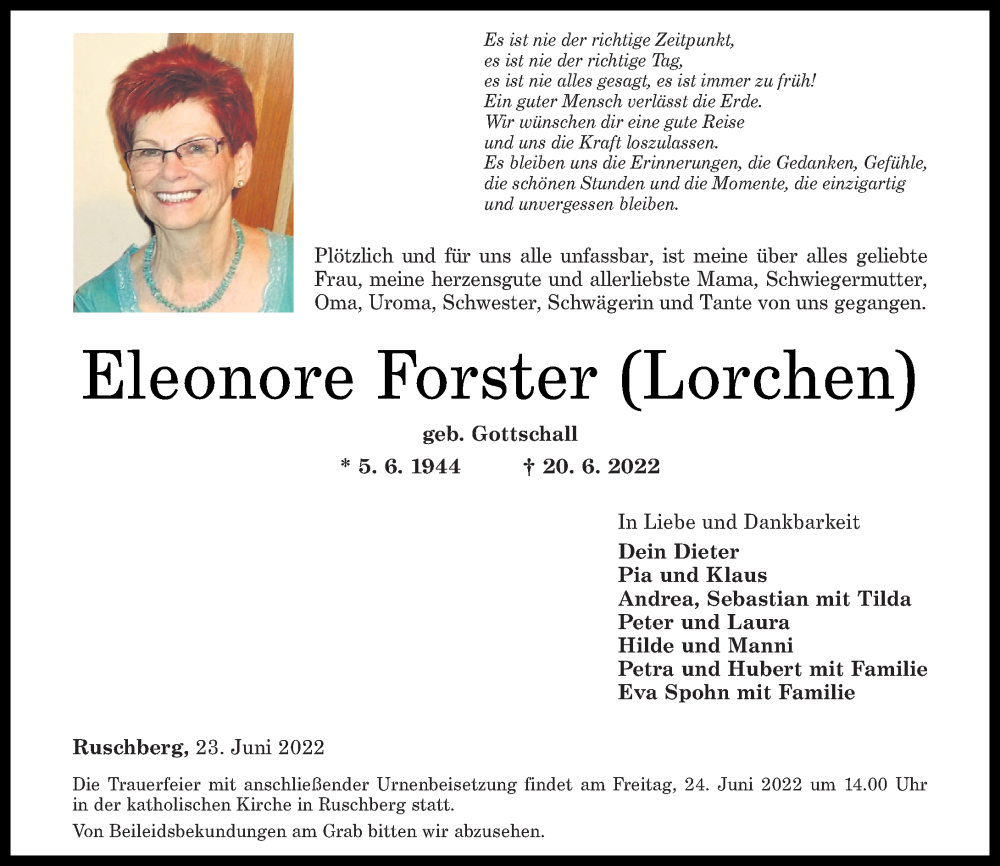  Traueranzeige für Eleonore Forster vom 23.06.2022 aus Nahe-Zeitung