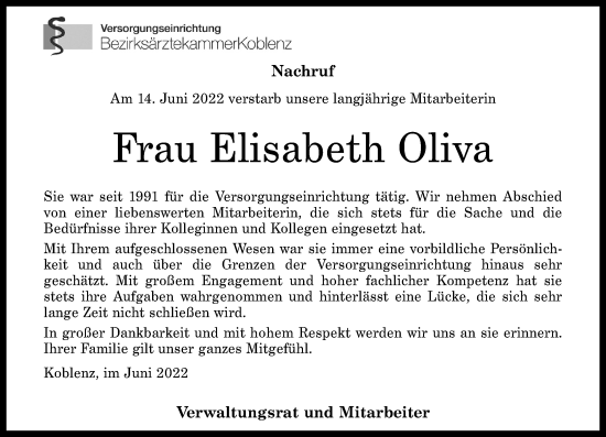 Traueranzeige von Elisabeth Oliva von Rhein-Zeitung, Westerwälder Zeitung