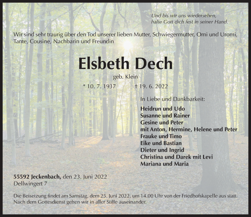  Traueranzeige für Elsbeth Dech vom 23.06.2022 aus Oeffentlicher Anzeiger