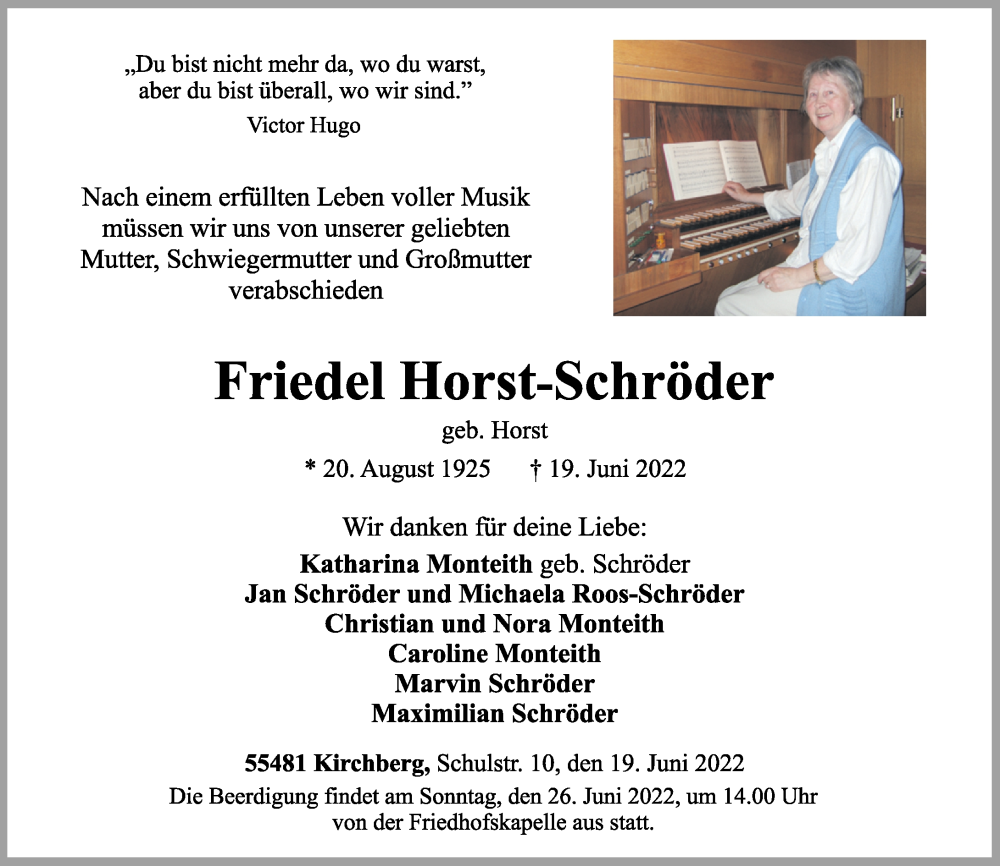  Traueranzeige für Friedel Horst-Schröder vom 22.06.2022 aus Rhein-Hunsrück-Zeitung