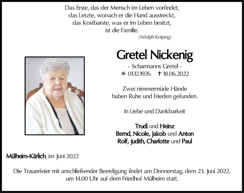  Traueranzeige für Gretel Nickenig vom 21.06.2022 aus Rhein-Zeitung