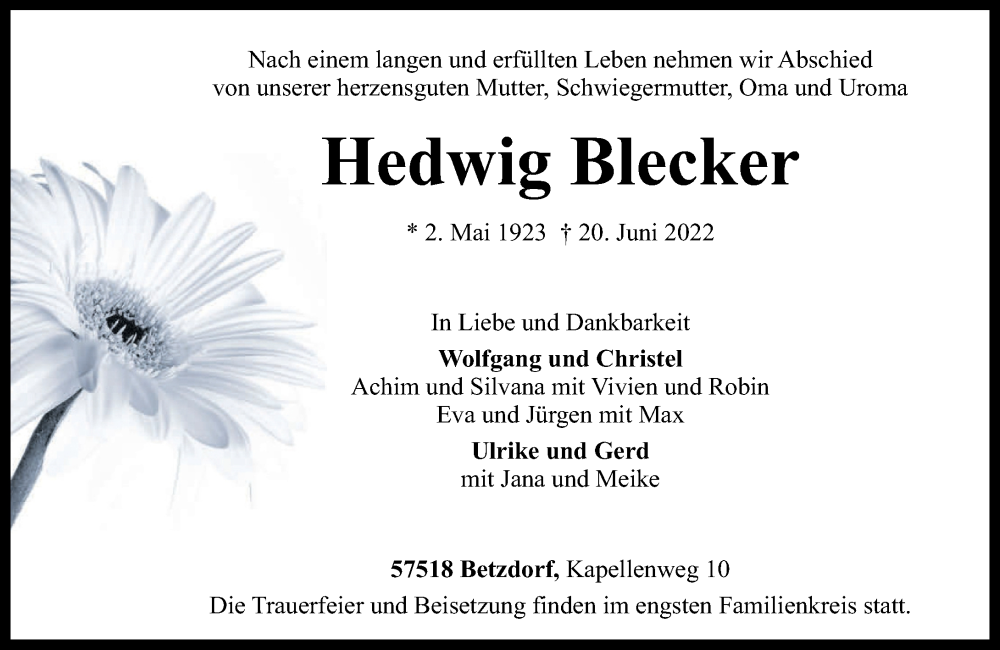  Traueranzeige für Hedwig Blecker vom 22.06.2022 aus Rhein-Zeitung