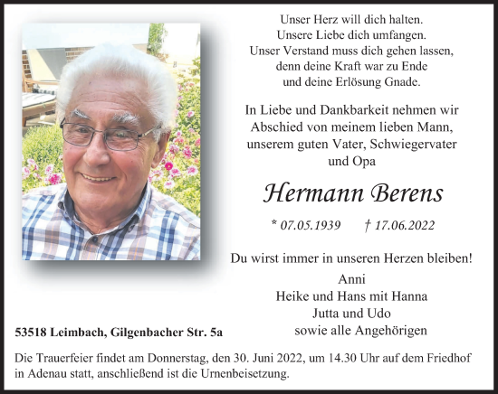 Traueranzeige von Hermann Berens von Rhein-Zeitung