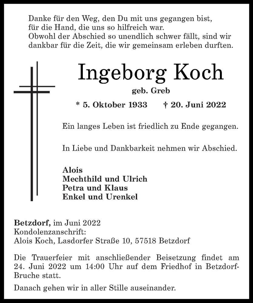  Traueranzeige für Ingeborg Koch vom 22.06.2022 aus Rhein-Zeitung