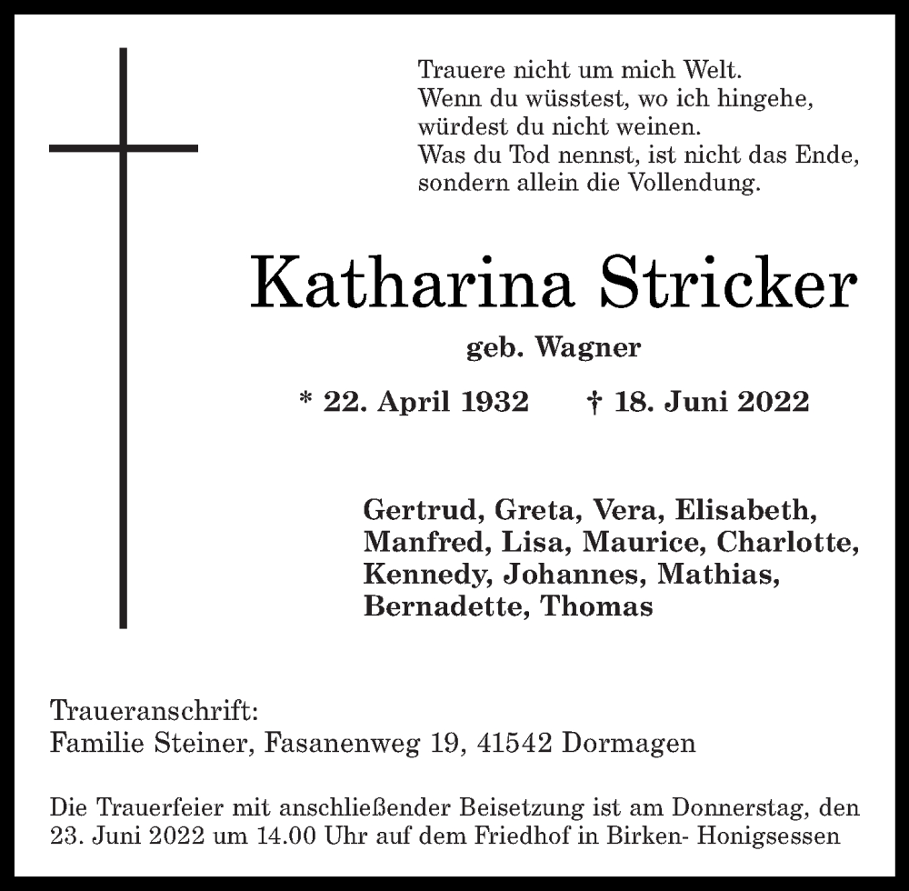  Traueranzeige für Katharina (Kathrinchen) Stricker vom 21.06.2022 aus Rhein-Zeitung