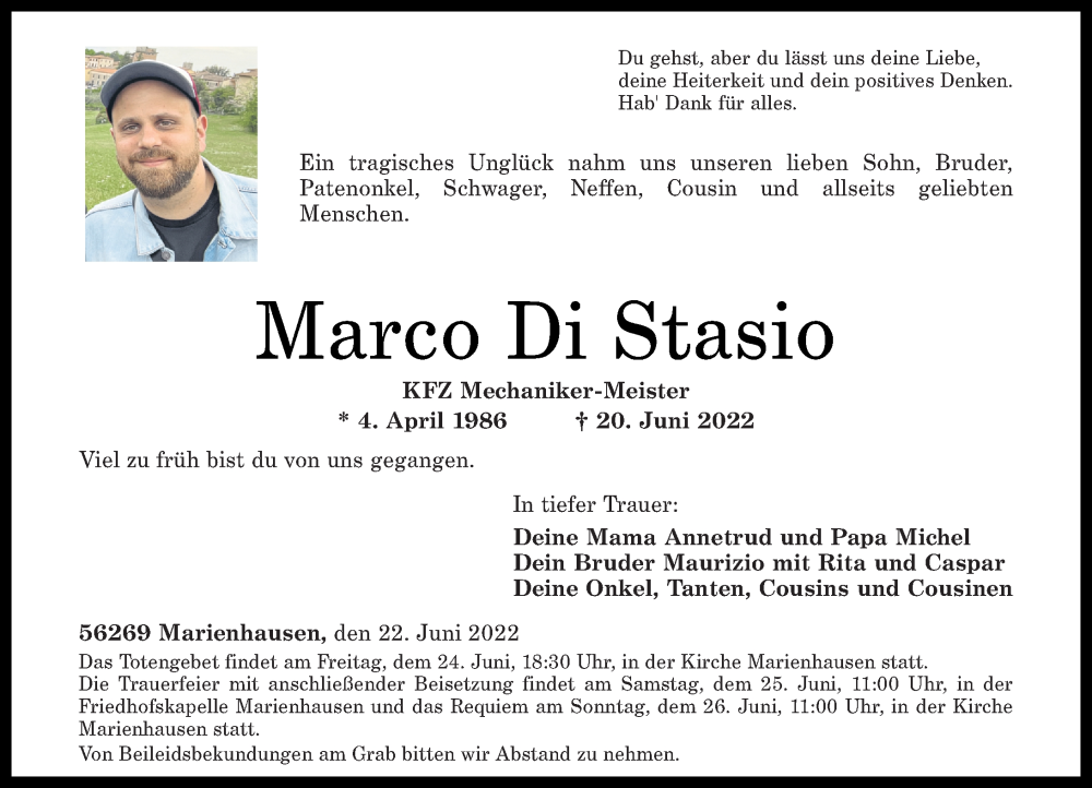  Traueranzeige für Marco Di Stasio vom 23.06.2022 aus Rhein-Zeitung, Westerwälder Zeitung